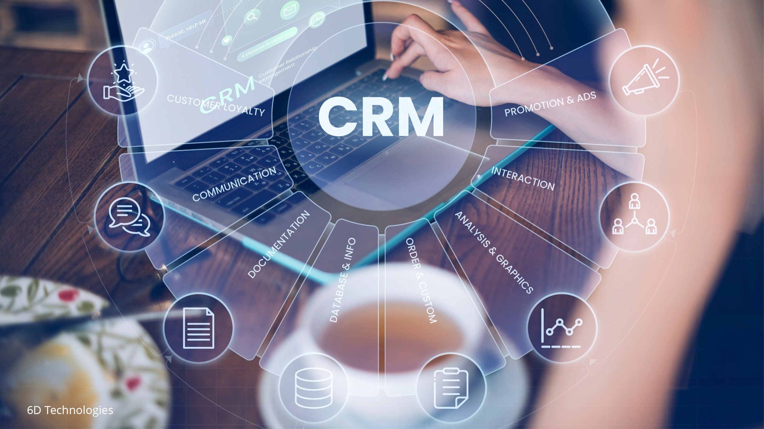 Laptop displaying CRM features and analytics. Telecom CRM solution, Digital BSS, 5G, AI-driven, and 6D Technologies.